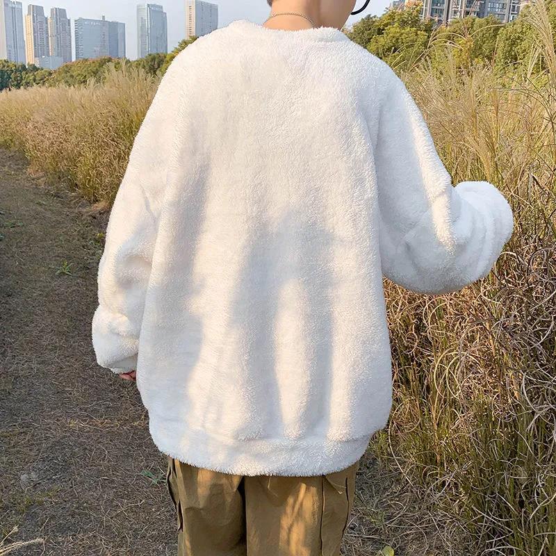 Winter Lamb Velvet Sweater Men's Round Neck Loose Plus Velvet Thick Warm Top