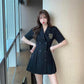 Retro College Dress Women's Summer Dress Waist Slim Temperament A-shaped Short-sleeved Suit Skirt Ladies Short Dress Coat