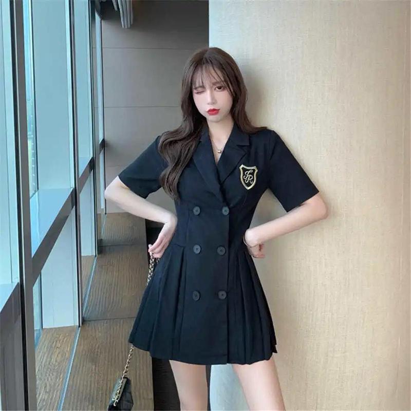 Retro College Dress Women's Summer Dress Waist Slim Temperament A-shaped Short-sleeved Suit Skirt Ladies Short Dress Coat