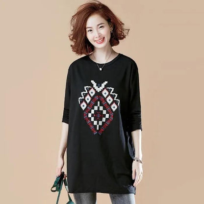 Retro Embroidery Women T-shirts Spring Fall Loose Tops Tee Casual Round Neck Tshirt Vintage Pullover