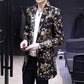 Trend Floral Print Windbreaker Spring Casual Slim Coat V-neck Business Suit Parka Long