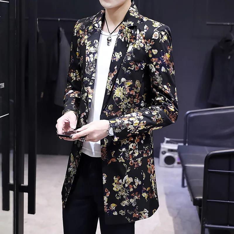 Trend Floral Print Windbreaker Spring Casual Slim Coat V-neck Business Suit Parka Long