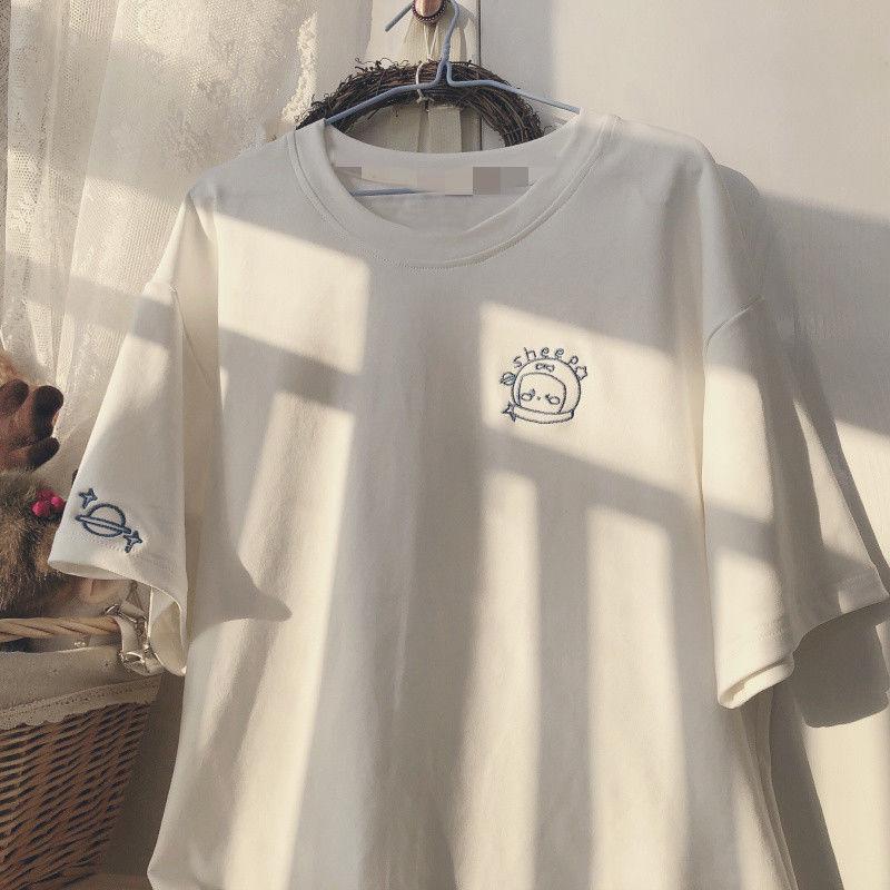 Womens Loose Astronaut Planet Embroidery Fashion Summer T-shirt Round Neck Short-sleeve Basic Casual Tee