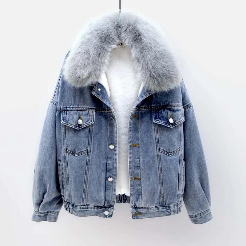 Women's Winter Korean Version of Blue-gray Denim Cotton Jacket with Big Fur Collar Plus Velvet Thick Warm Cotton Jacket
