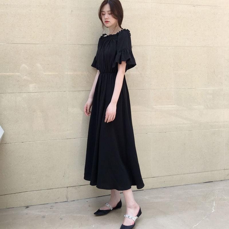 Black Dress Summer One-shoulder Thinner Strapless Chiffon Black Dress   Long Skirt Super Fairy