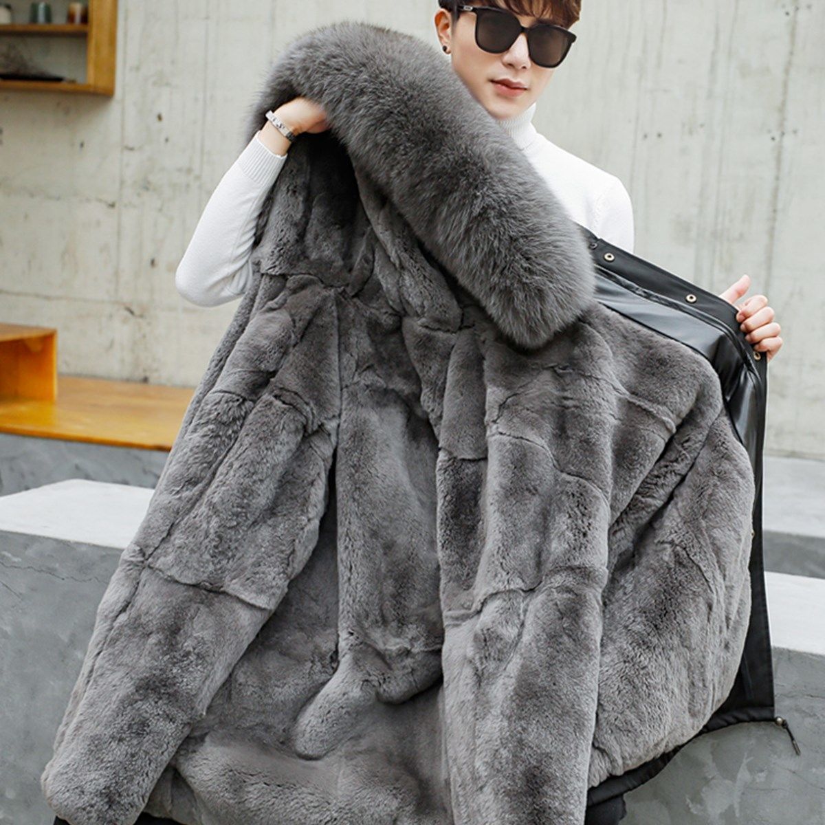 Winter Fur One Mid-length Men's Jacket Fashion Fox Fur Coat Thick Warm Parker Clothing