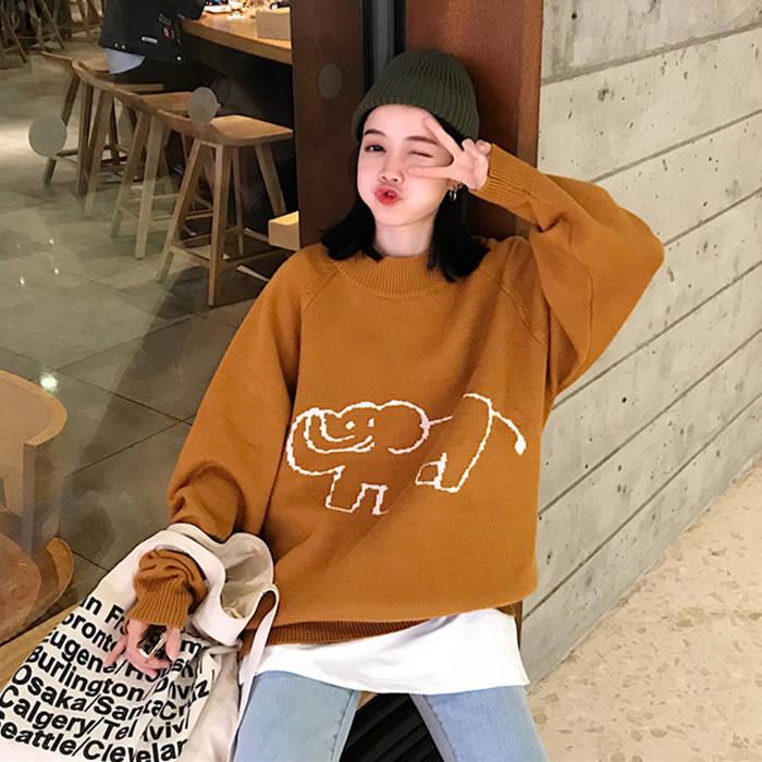 Pofulove Autumn Winter Round Neck Sweater female Loose Wild  Cartoon Pattern Knitted Thin Sweater