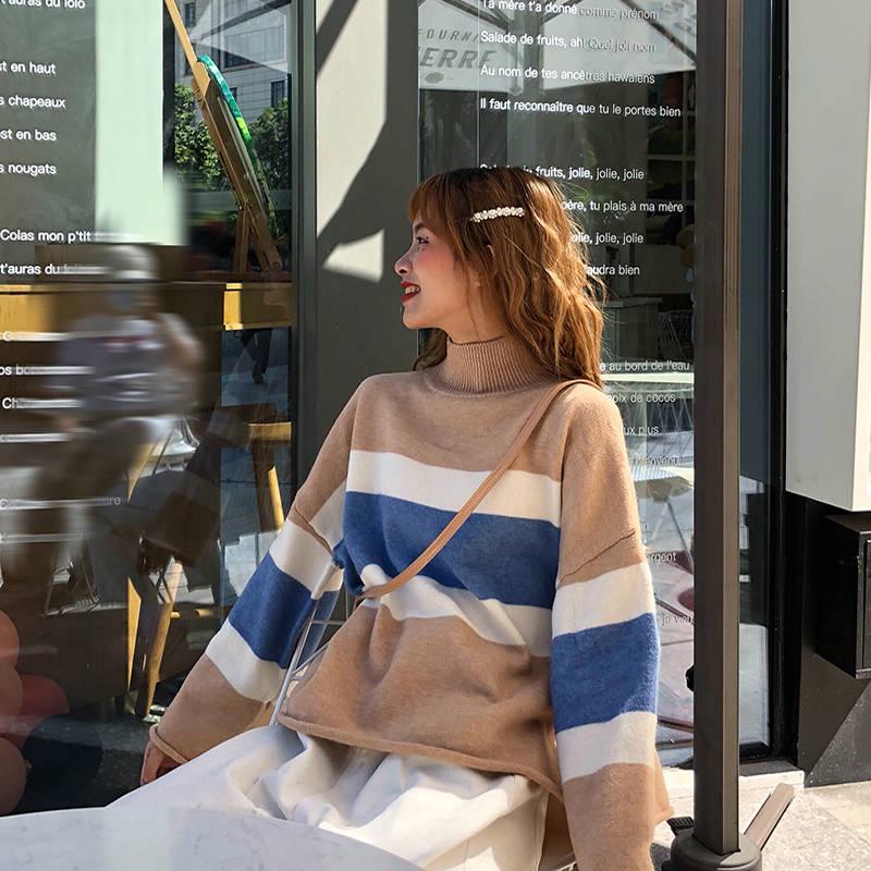 Thick Color-matching Turtleneck Female Autumn Winter Striped Bottoming Sweater Loose Top