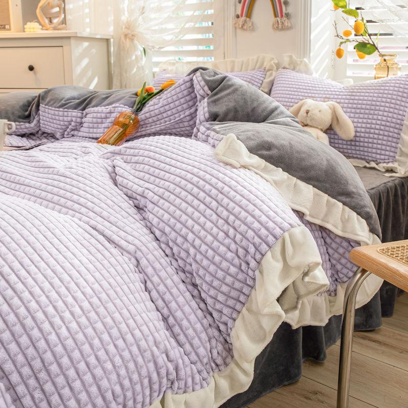 4pcs/set Winter Milk Velvet Princess Wind Bed Skirt Plus Velvet Thick Ruffled Quilt Cover Korean Bedding