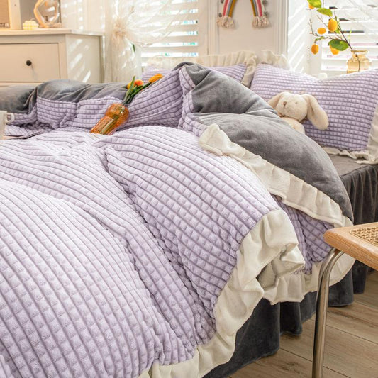4pcs/set Winter Milk Velvet Princess Wind Bed Skirt Plus Velvet Thick Ruffled Quilt Cover Korean Bedding