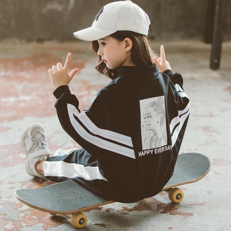 Girls Spring and Summer Sports Suits Long-sleeved Loose Casual Sportswear Girl Teenage Children's School Clothing