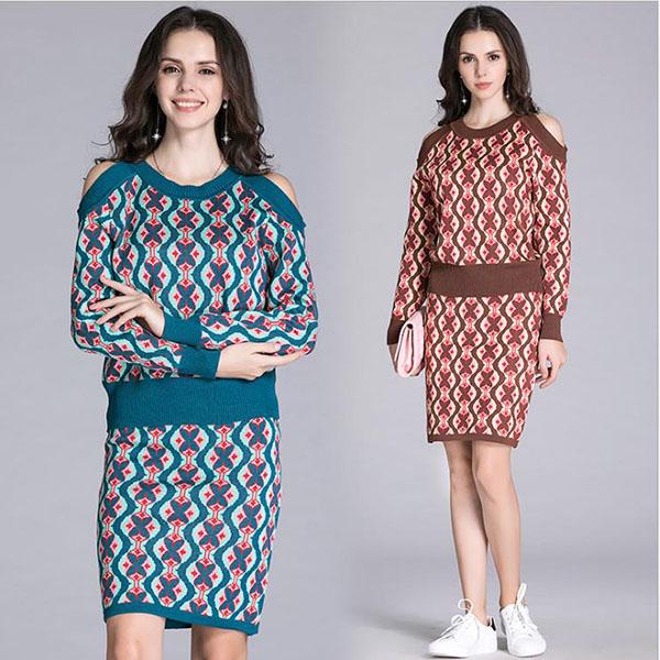 Women's Sweater Skirt Set Vintage Printed Off-shoulder Knitted Sweater Top and Bodycon Knitted Skirt Two-piece Set Female Outfits