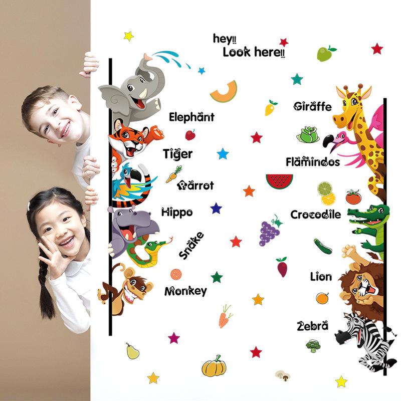 Cartoon Animal English Children's Door Kindergarten Decoration Fun Wall Stickers removable wallpaper