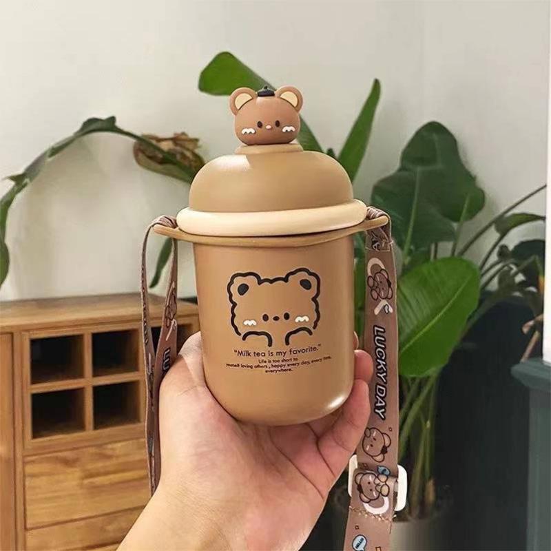 Korean Version of The Super Cute Cartoon Bear 316 Stainless Steel Thermos Cup Cute Girl Ins Strap Student Children's Cup