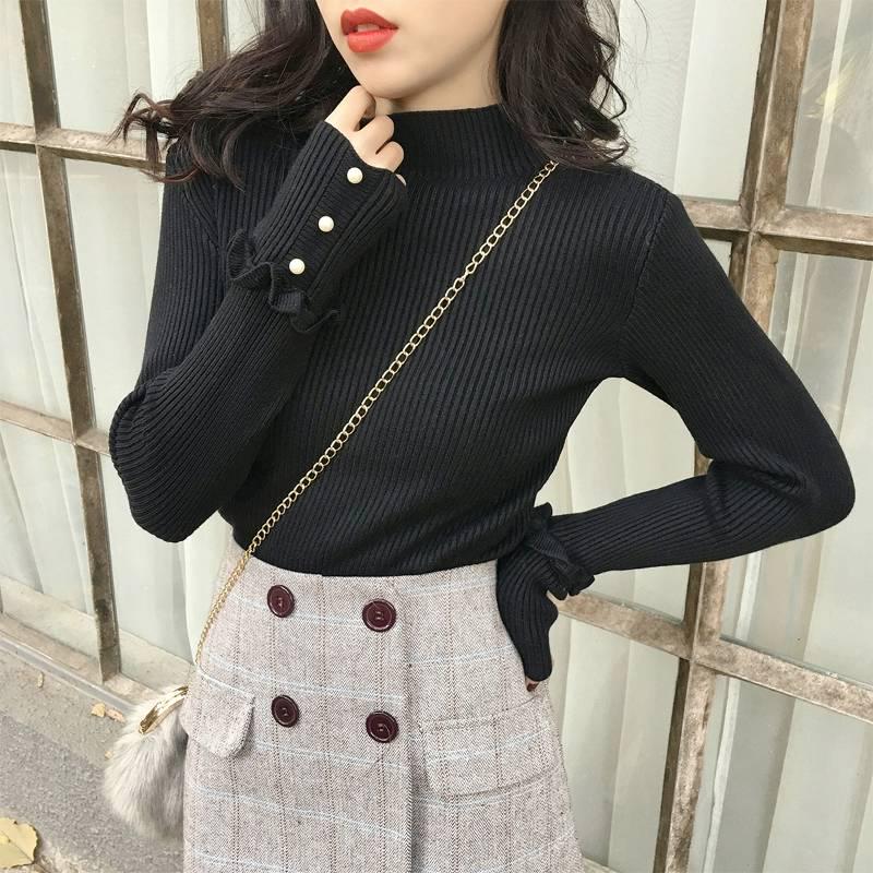 Sweater Women Slim Was Thin Long-sleeved Half-high Collar Pullover Knitted Bottoming Shirt