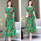 Summer Cotton Silk Dress Floral Cotton Long Skirt Women's Short-sleeved Large Size Rayon Cotton Silk Skirt Fabric Sweat-absorbing and Breathable