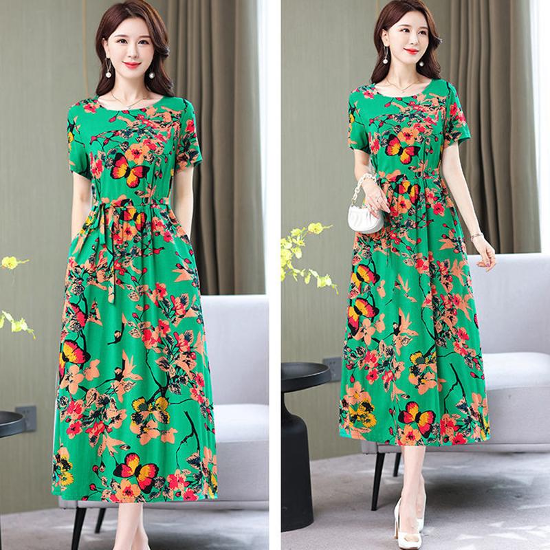 Summer Cotton Silk Dress Floral Cotton Long Skirt Women's Short-sleeved Large Size Rayon Cotton Silk Skirt Fabric Sweat-absorbing and Breathable