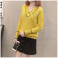 Women Blue V-neck Pullover Sweater Lazy Loose Solid Color Casual Sweater Oversize Pullovers