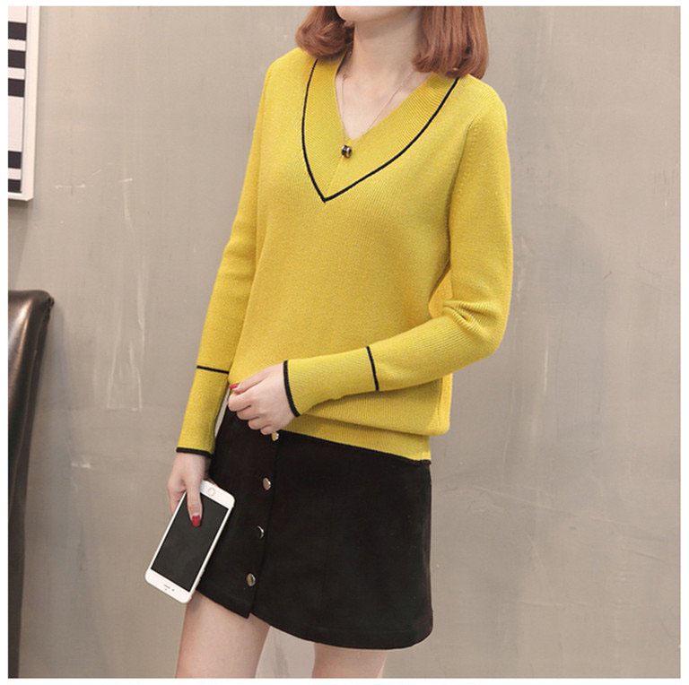 Women Blue V-neck Pullover Sweater Lazy Loose Solid Color Casual Sweater Oversize Pullovers