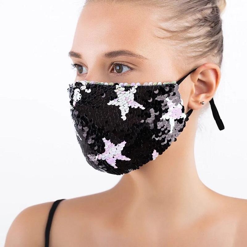 Women's Five-pointed Star Sequined Mask Cotton Breathable Washable Mask Shiny Sequins Luxury Windproof Dustproof Face Mask Female Face Mouth Cover