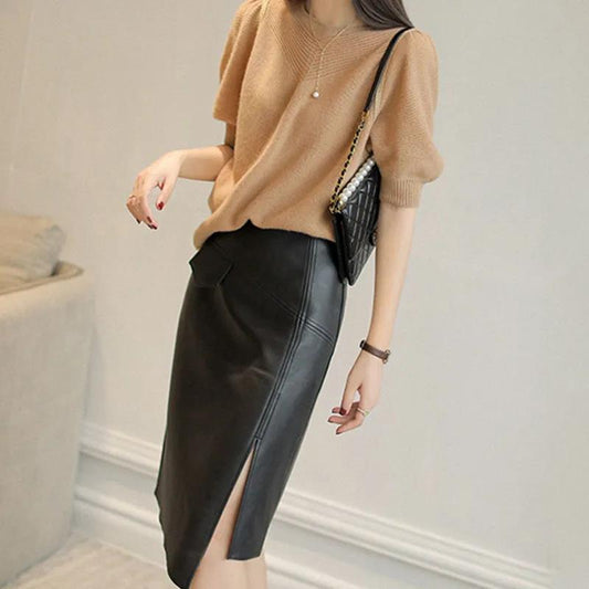 Design Skirt Women's High Waist Irregular Side Slits Slim Slimming Hips Mid-length All-match PU Leather Skirt