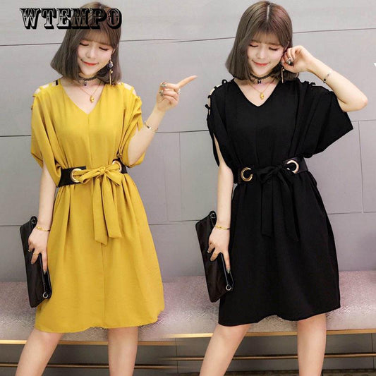 Brand Women's Leaking Shoulder Dress Summer Dress Bat Sleeve Loose Skirt