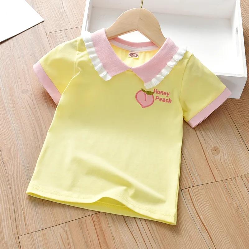 Summer Girls T-Shirts Peach Embroidery Lapel Tops Little Girls Casual T-Shirts