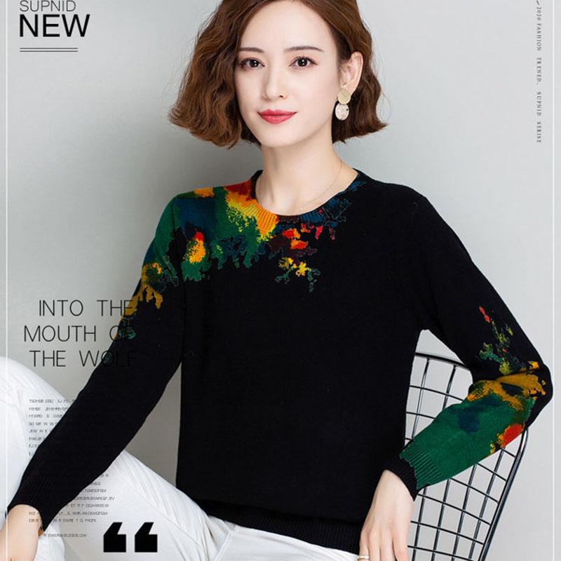 Ethnic Style Printed Wool Sweater Women Short O-Neck Cashmere Sweater Loose Plus Size Comforable Knit Sweater Jumper Bottoming or Outwear