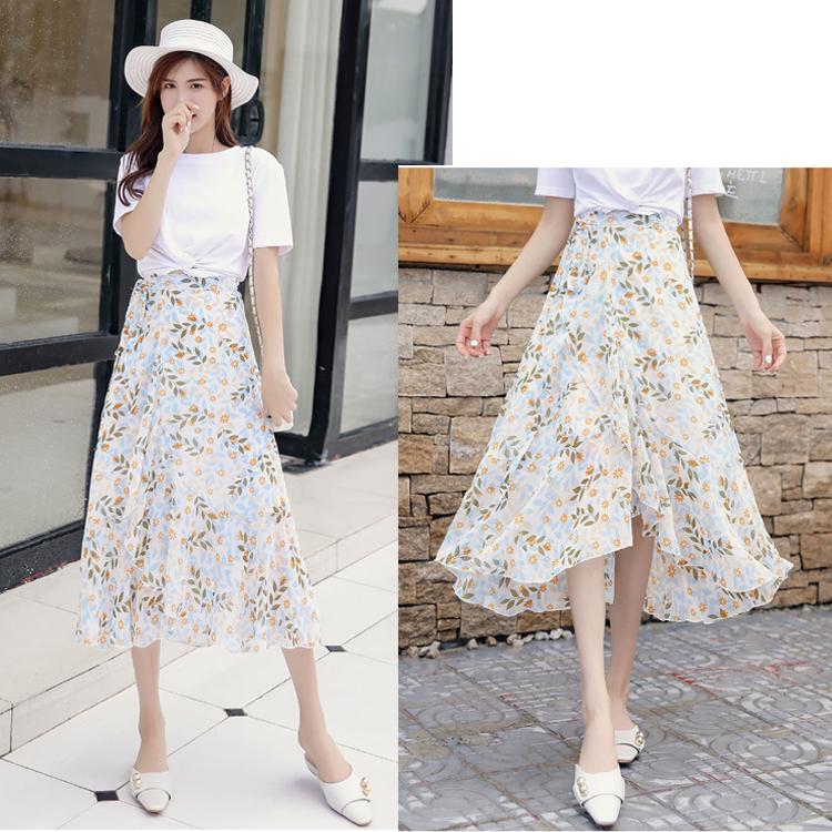 Bohemia Beach Skirt Women Spring Summer Chiffon Flower Pattern SkirtMedium Elastic Waist Skirt