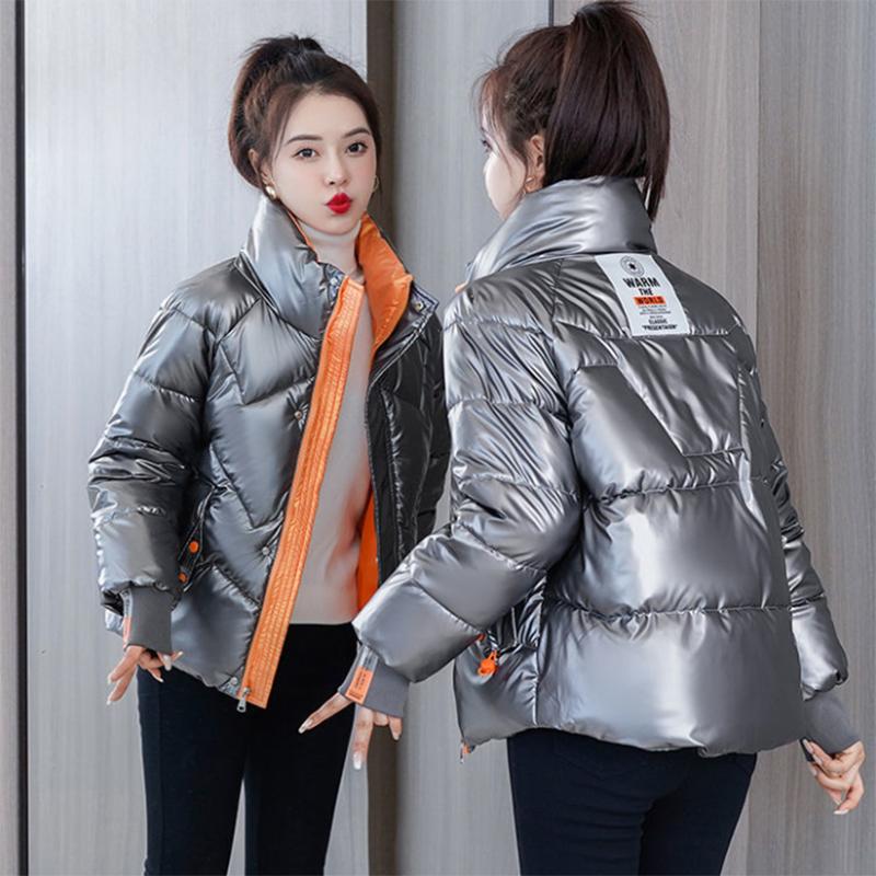 Women's Shiny Short Down Jacket Winter Korean Style Loose Quilted Jacket Casual Stand-collar Padded Jacket