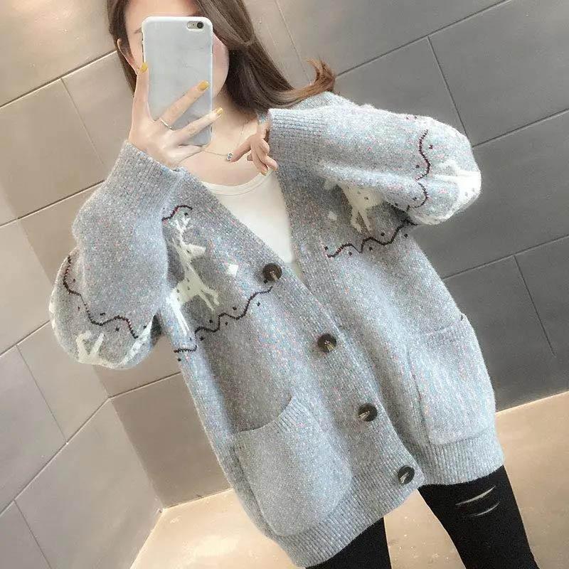 Lazy Style Knitted Cardigan Women's Autumn and Winter Loose School Style V-neck Long-sleeved Sweater Jacket