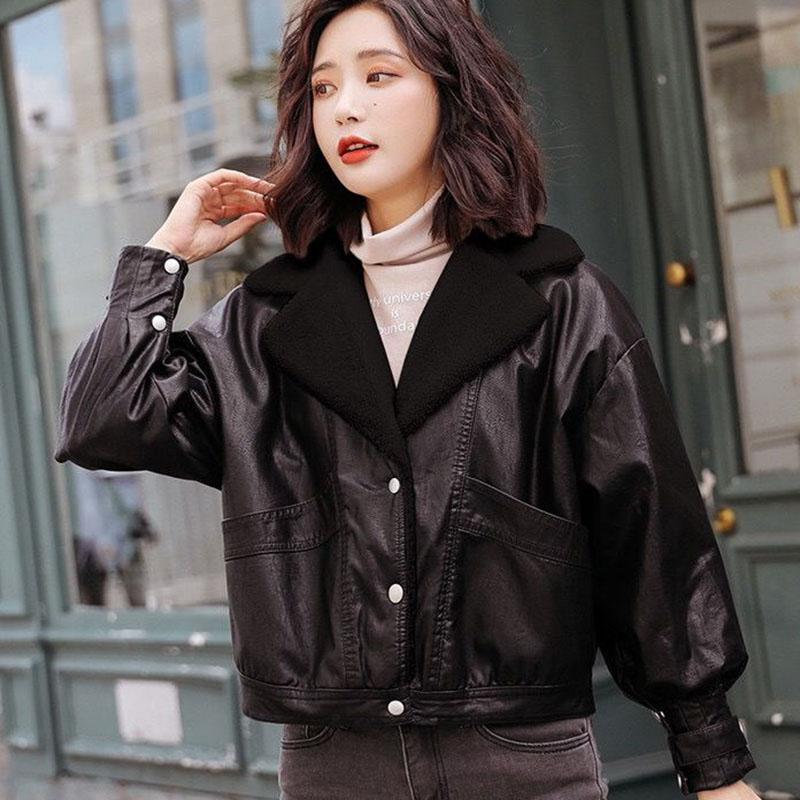 Women's Leather Winter Clothing Korean Style Short Loose Leather Jacket Lamb Hair Plus Velvet Thick Motorcycle Leather Jacket