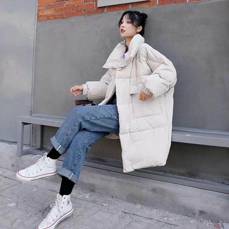 Winter Mid-length Loose Cotton Coat Ins Style Solid Color Casual Jacket Stand Collar Thickened Female Coat