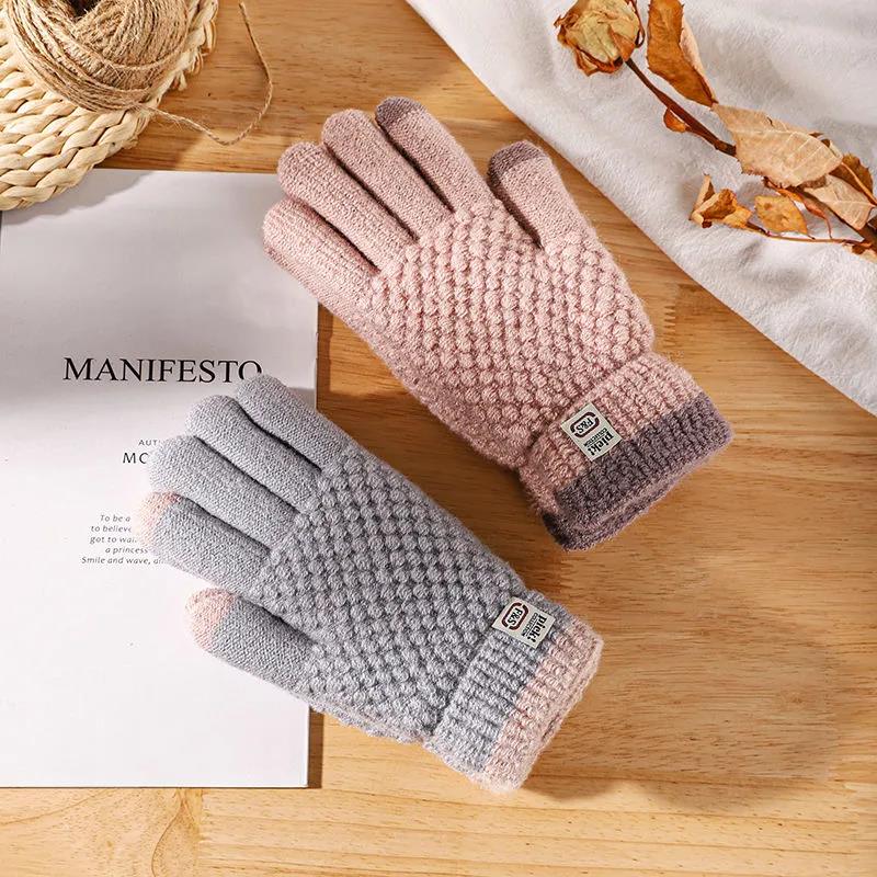 Winter Ladies Knitted Finger Gloves Plus Velvet Thick Warm Cotton Gloves Outdoor Cold-Proof Touch Screen Gloves