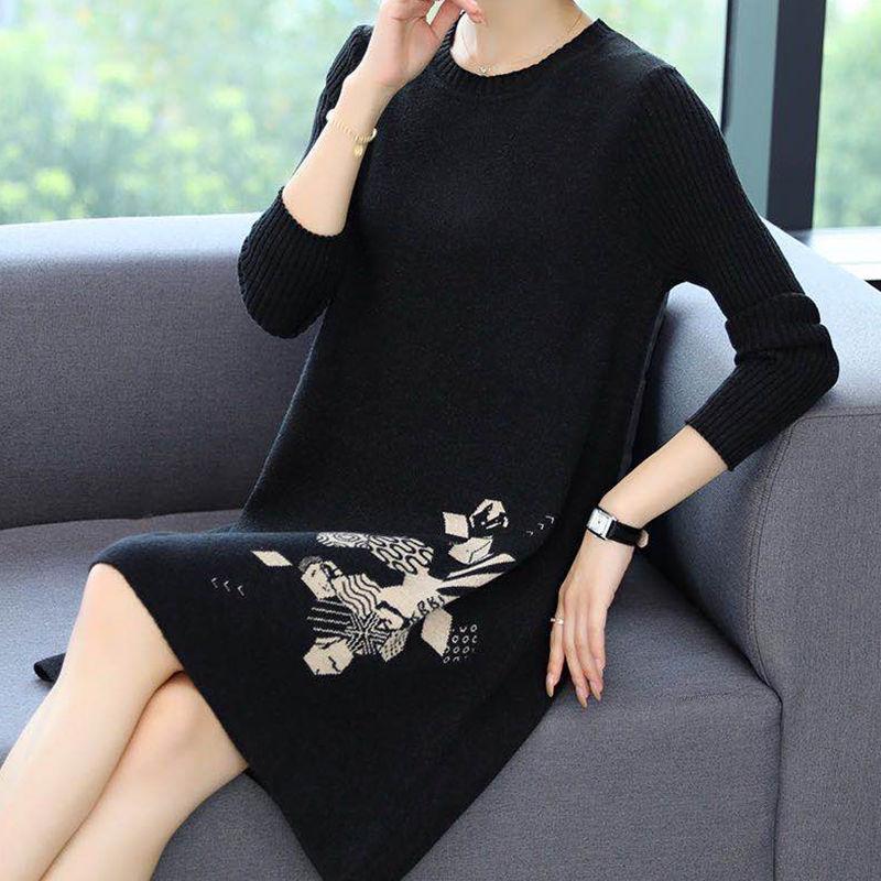 Autumn and Winter Loose Mid-length Dress Large Size Casual Printing Base Skirt Temperament Middle-aged Women Sweater Dress