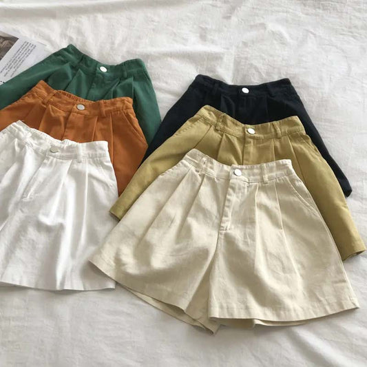 Summer Women's Semi-elastic Waist Shorts Cotton Loose High-waisted Wide-leg Short Pants Casual Pants Comfortable Beach Shorts Solid Color Shorts