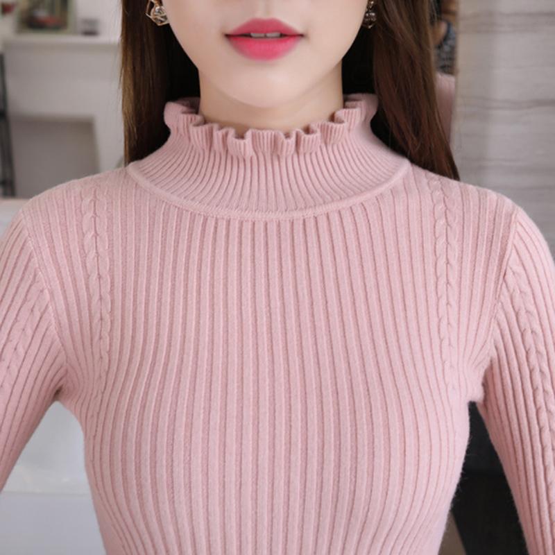 Sweater Women's Half Turtleneck Ruffled Pullover Slim-fit Knitwear Korean Solid Color Top Trending Sweater Autumn and Winter