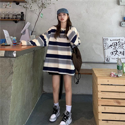 Striped T-Shirt Casual Autumn Ladies Loose Tee Female Women Long Sleeve Pullover