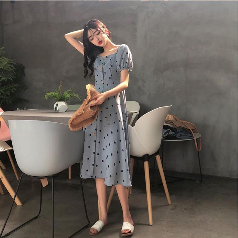 Chiffon Polka Dot Dress Women's Short  Sleeve Square Neck Daily Dating Party Office Wear A-line Sun-dress