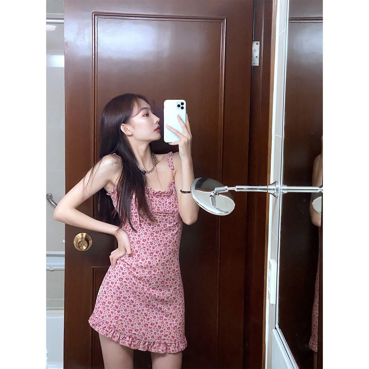 Women's Summer French Elegant Retro Pink Floral Suspender with Ruffle Bra Dress