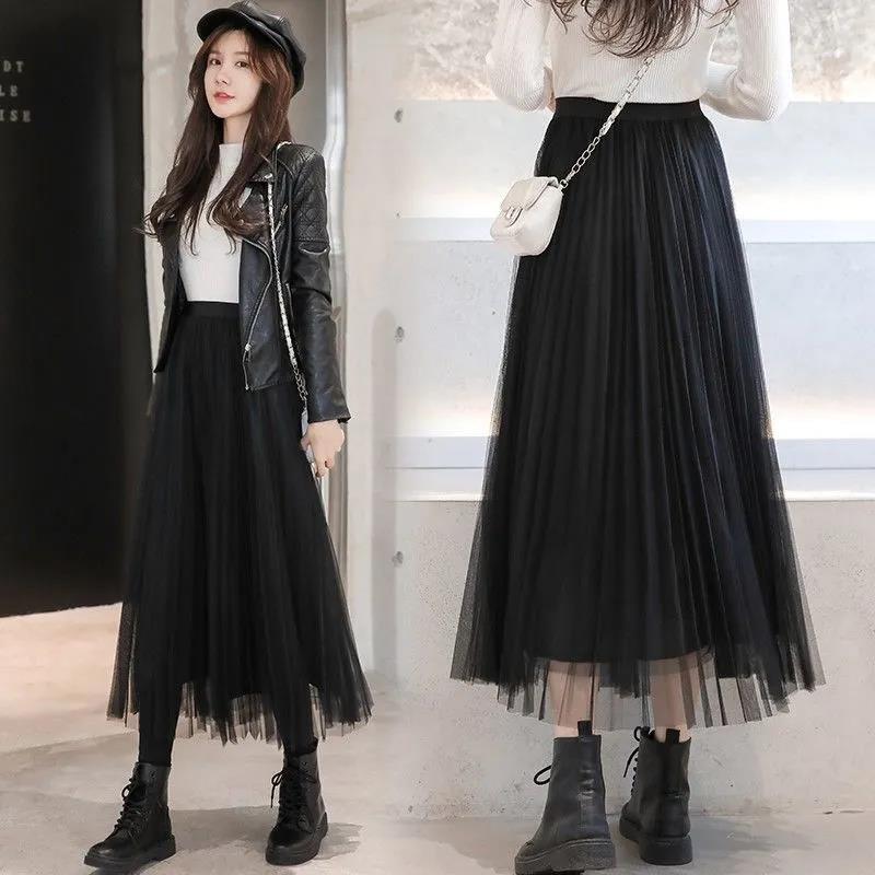 Three Layers Yarn Skirt Woman's Mid-length Elastic Waist High Waist A-line Skirt Pleated Skirt Tender Sexy