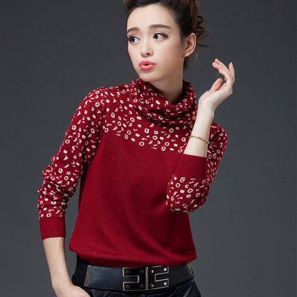 Autumn Winter Fashion Leopard Sweater Women Loose Turtleneck  Pullover Sweater Thick Warmth Slim Bottoming knitwear