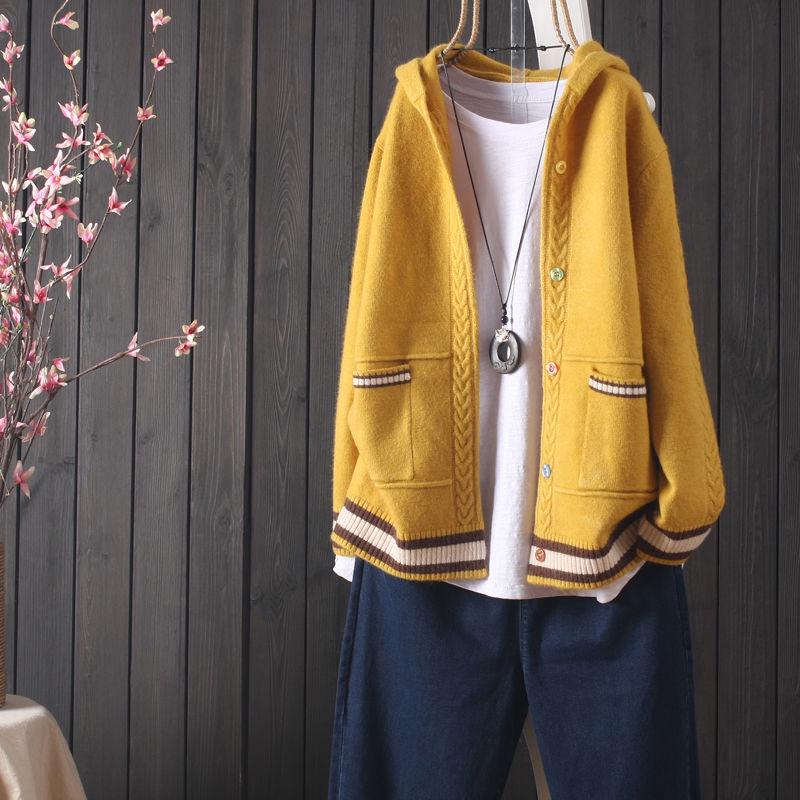 Women's Splicing Color Long-sleeved Sweater Early Autumn Hooded Knitted Cardigan Loose Button V-neck Top All-match