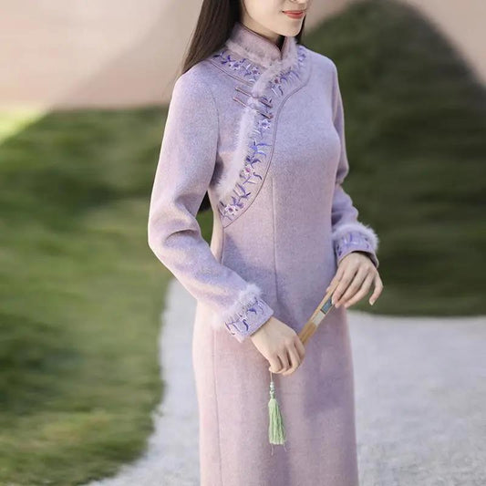 Winter Chinese Style Retro Stand-up Collar Temperament Self-cultivation Embroidered Embroidered Mink Fur Cheongsam Dress