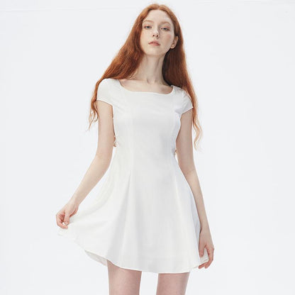 Fashion Summer Solid Color Slim Square Neck Zipper Waist Was Thin Girl Dress Short Umbrella Skirt