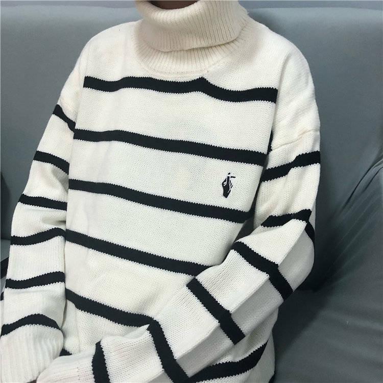 Pofulove Striped Embroidered Turtleneck Women's ulzzang Students Loose Contrast Color Sweater Coat