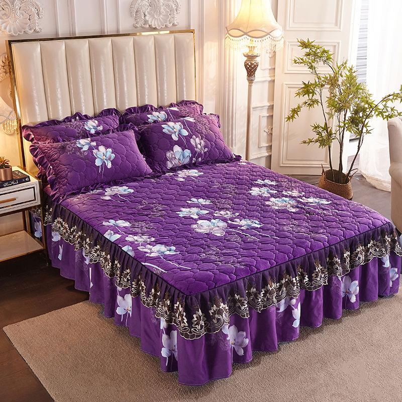 Thickened Plus Velvet Quilted Bed Skirt with Lace Edge Bedspread Non-fleece Winter Warm Crystal Velvet Four-piece Suit