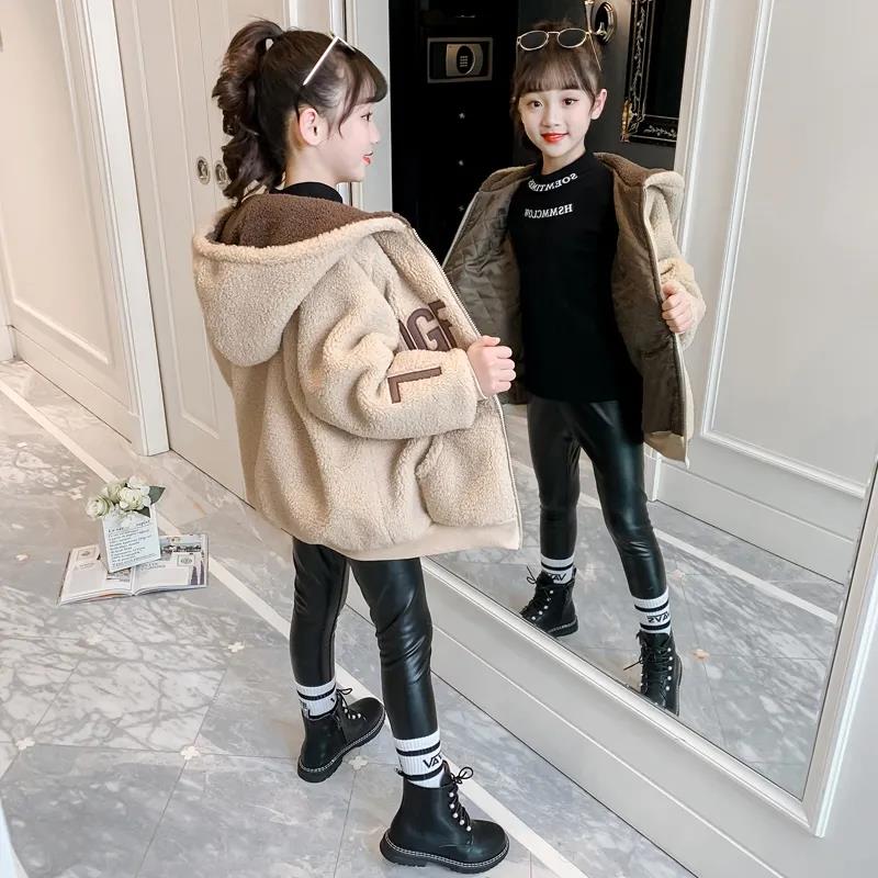 Girls' Cashmere Warm Jacket Korean Style Plus Velvet Padded Jacket Autumn and Winter Windproof Hooded Top