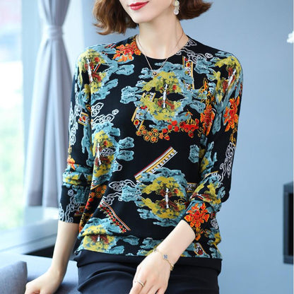 Autumn and Winter Printing Bottoming Shirt Women's Plus Size Casual Sweater Fashion Round Neck Printed Sweater