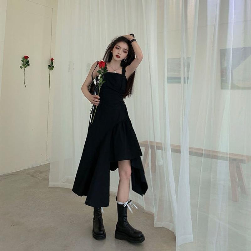 Spring Summer Korean Retro Sexy Sleeveless Sling Dress Black Irregular Dress Female Split Long Skirt